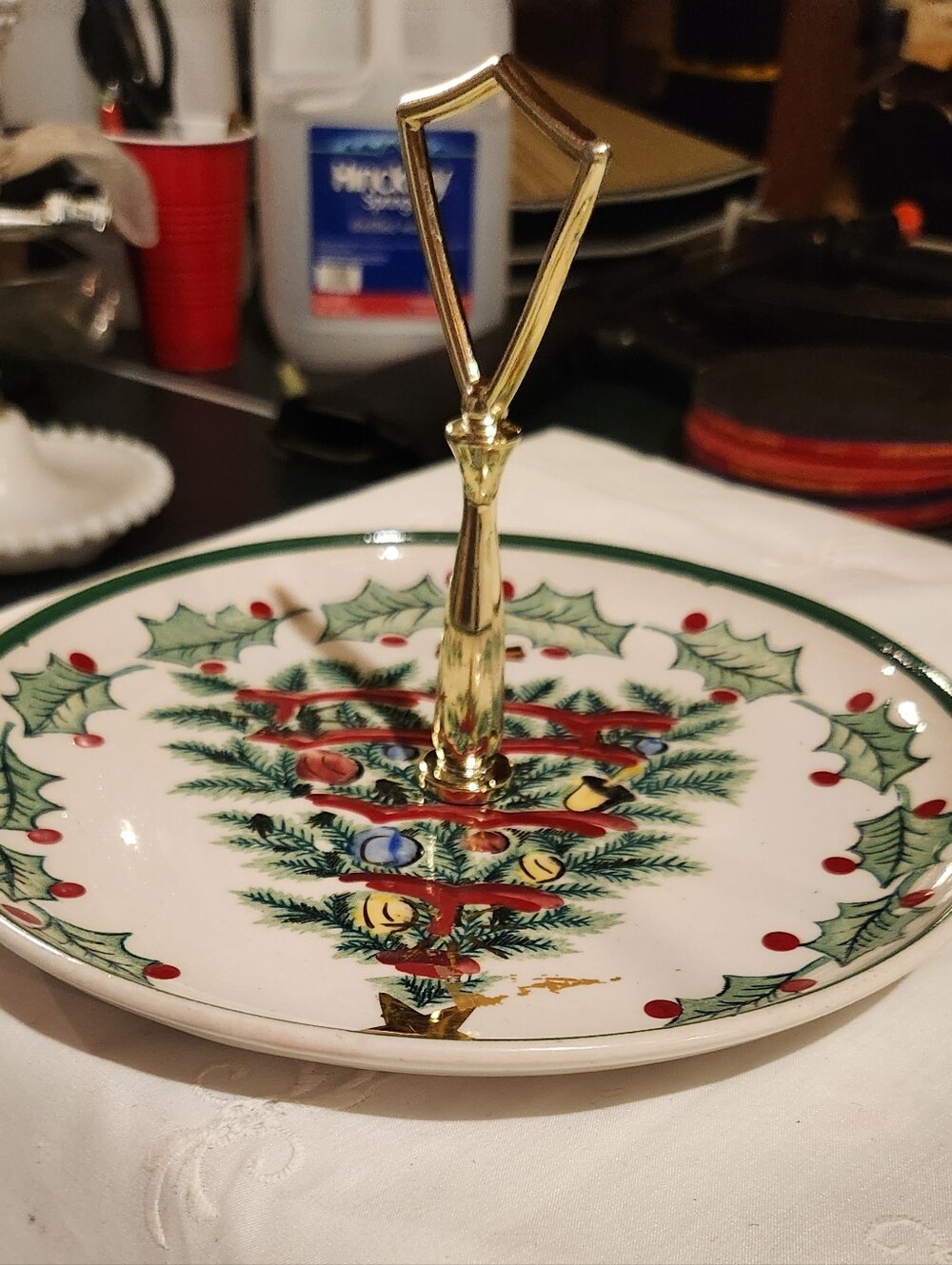 Lefton Christmas Hand Painted Dessert Plate Brass Handle